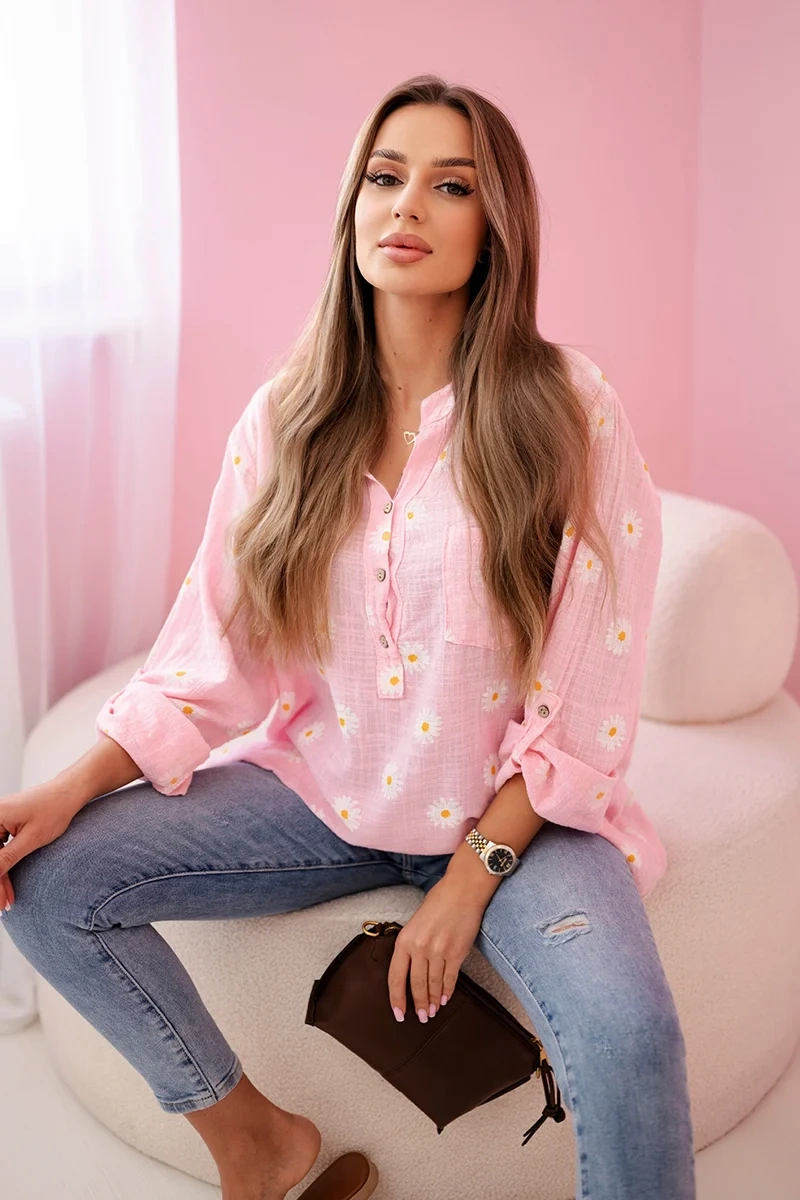 Kesi Włoski Linen Women's Blouse with Floral Pattern, Long Sleeves, and Buttons Candy Pink