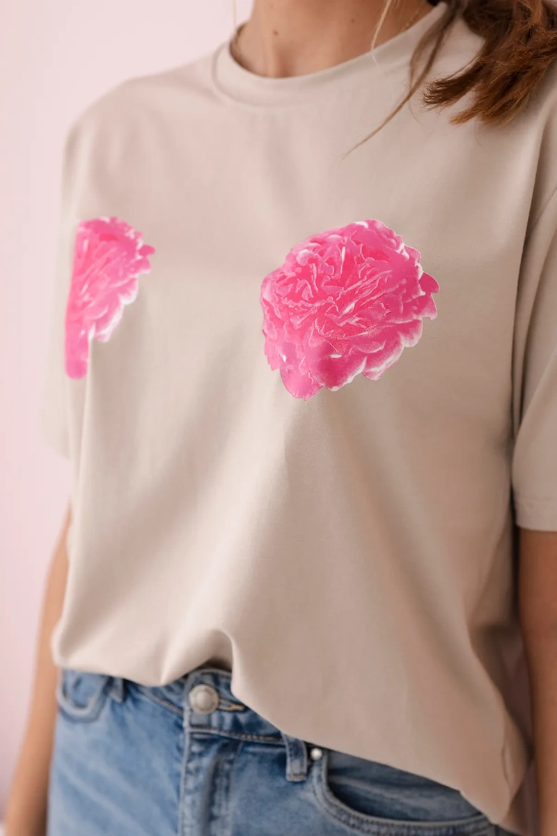 Cotton blouse with flower print beige color