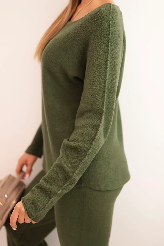Kesi Włoski Women's sweater set with wide leg and long sleeves khaki