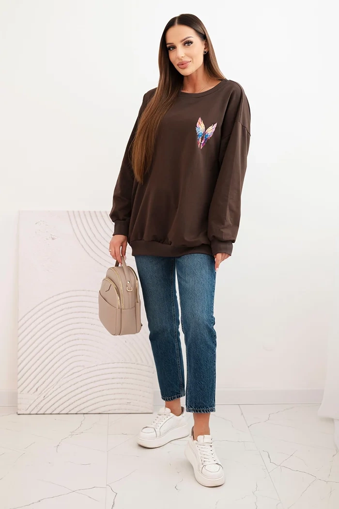 Polski Women's oversized cotton sweatshirt with colorful wings on the back brown