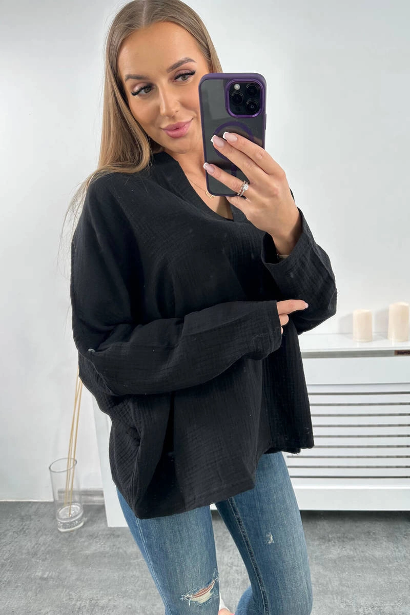 Kesi Muslin blouse with rolled-up sleeves black