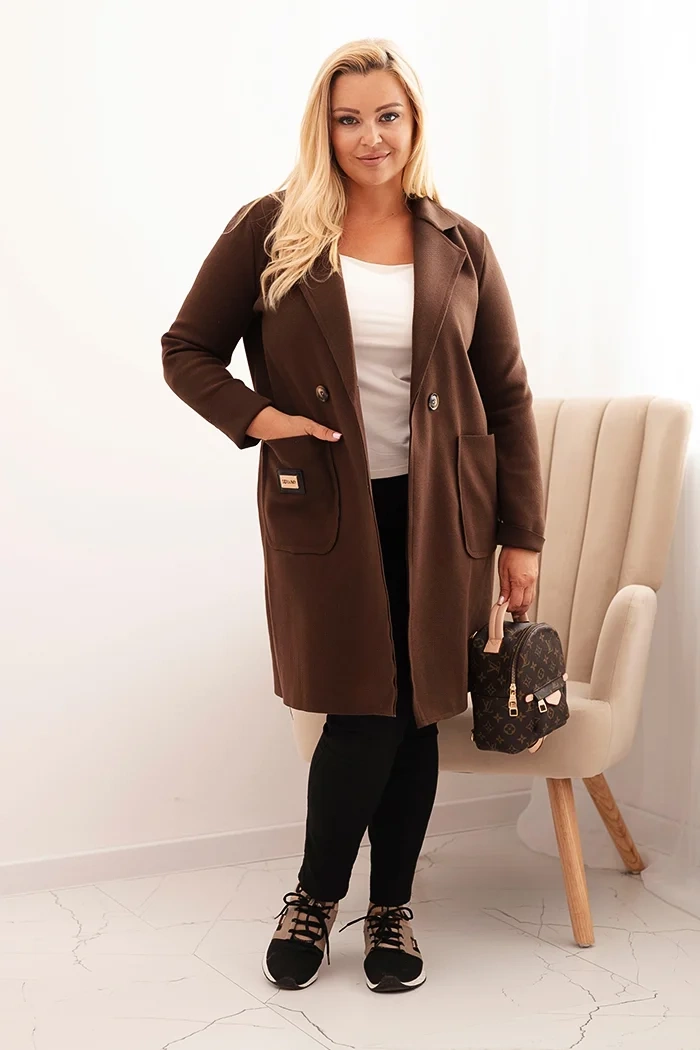 Kesi Włoski Elegant Plus Size women's coat with a collar and large pockets brown