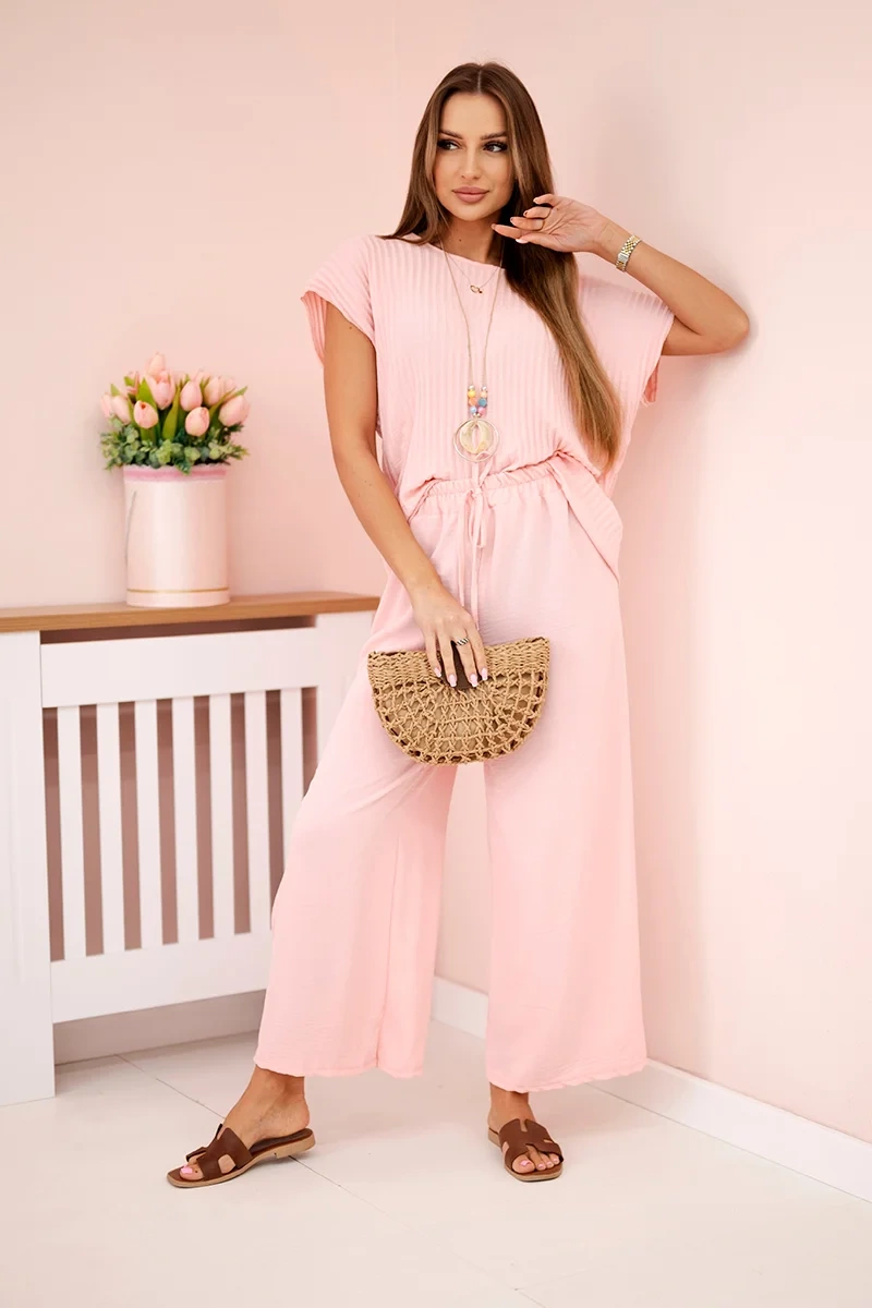 Kesi Włoski Viscose set pleated blouse + trousers powder pink
