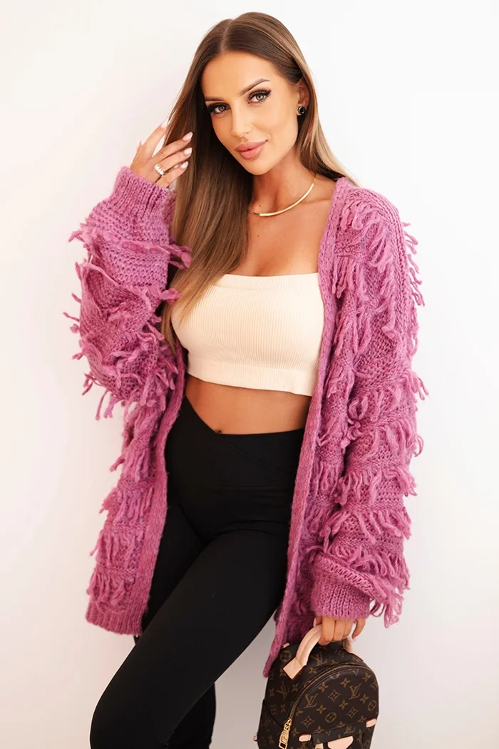 Kesi Włoski Women's cardigan with fringes and a loose fit purple