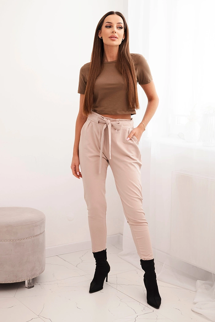 Kesi Women's cotton pants with a tie at the waist and tapered legs beige