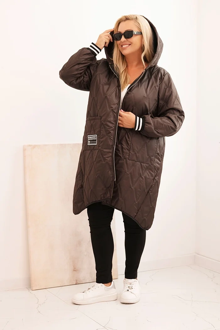 Kesi Włoski Women&#039;s Plus Size quilted jacket with a hood and sporty cuffs brown