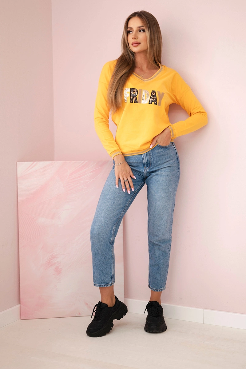 Kesi Women&#039;s sweatshirt with a sequin inscription mustard