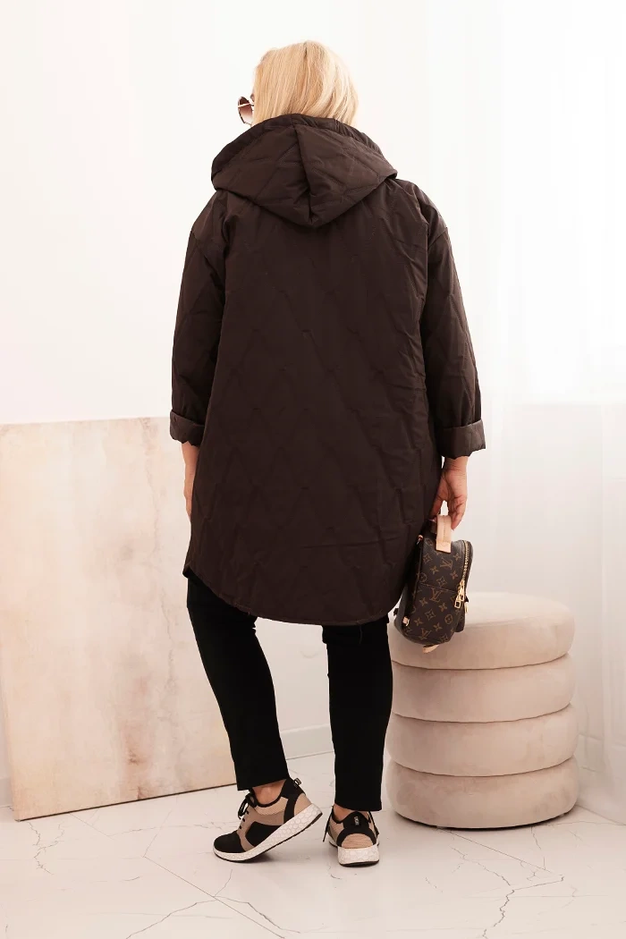 Kesi Włoski Plus Size women's quilted jacket with a hood and the inscription HOPE brown