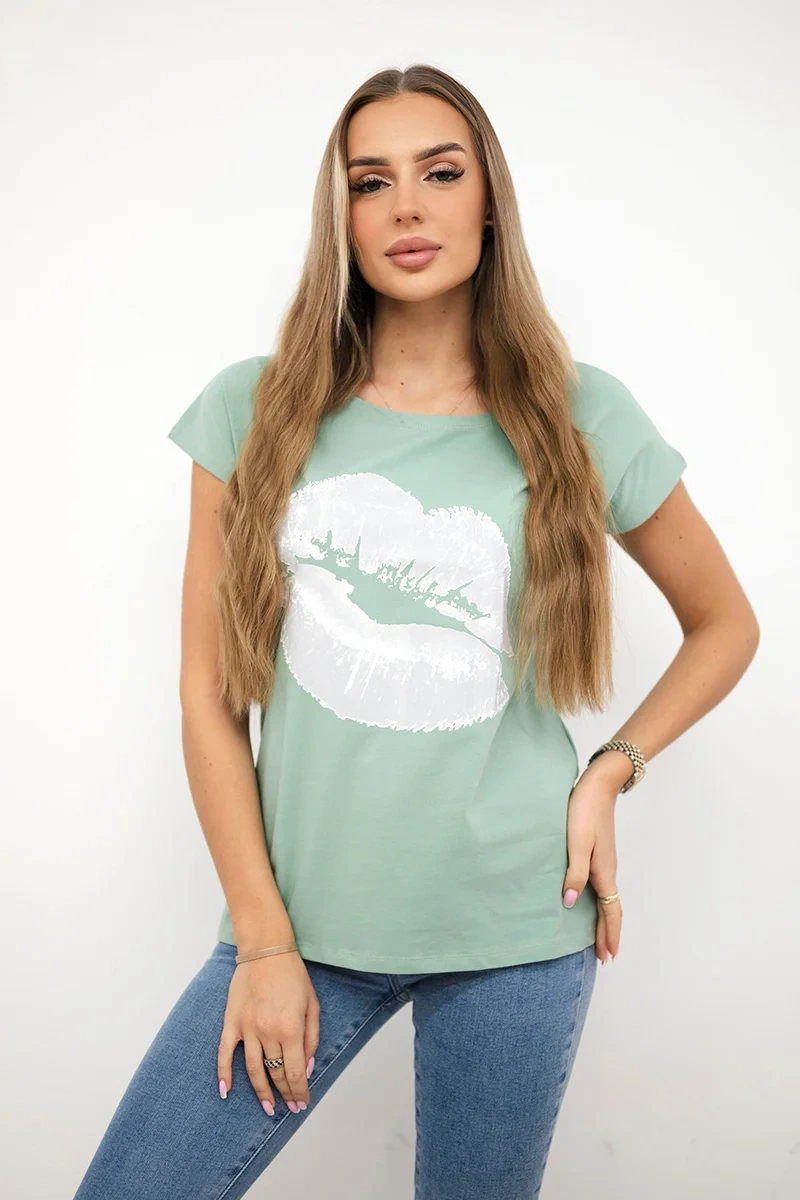 Blouse with dark mint lip print