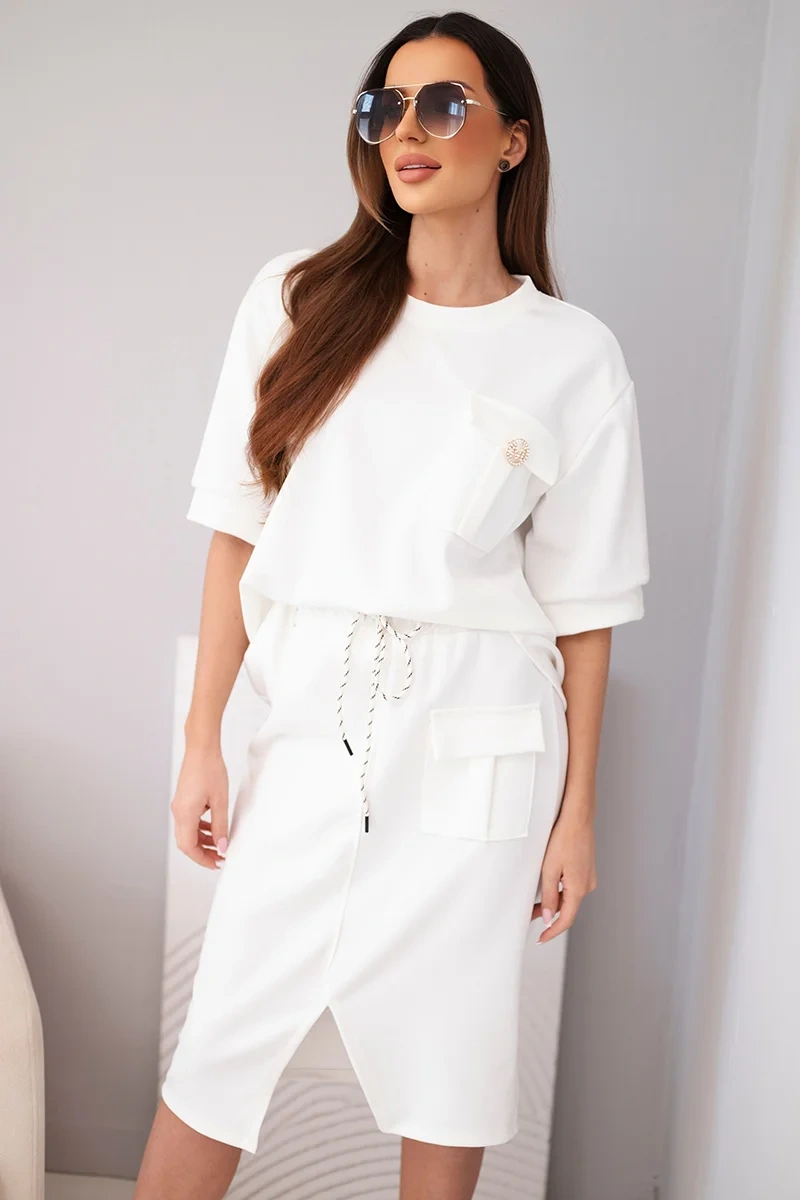 Дамски комплект с блуза и миди пола, екрю