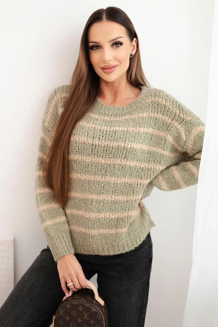 Kesi Włoski Women's loose-fitting striped sweater with wool khaki