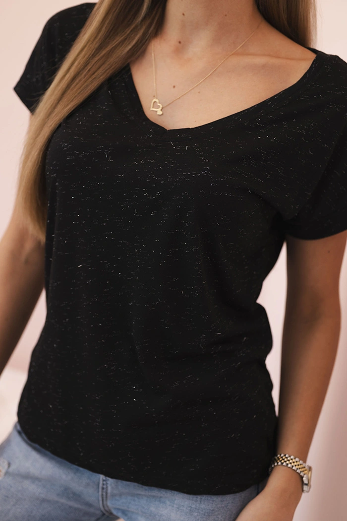 Дамска памучна блуза с V-образно деколте, черна