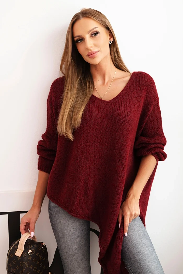 Kesi Włoski Dámsky asymetrický sveter z vlny Plus Size s V výstrihom bordový