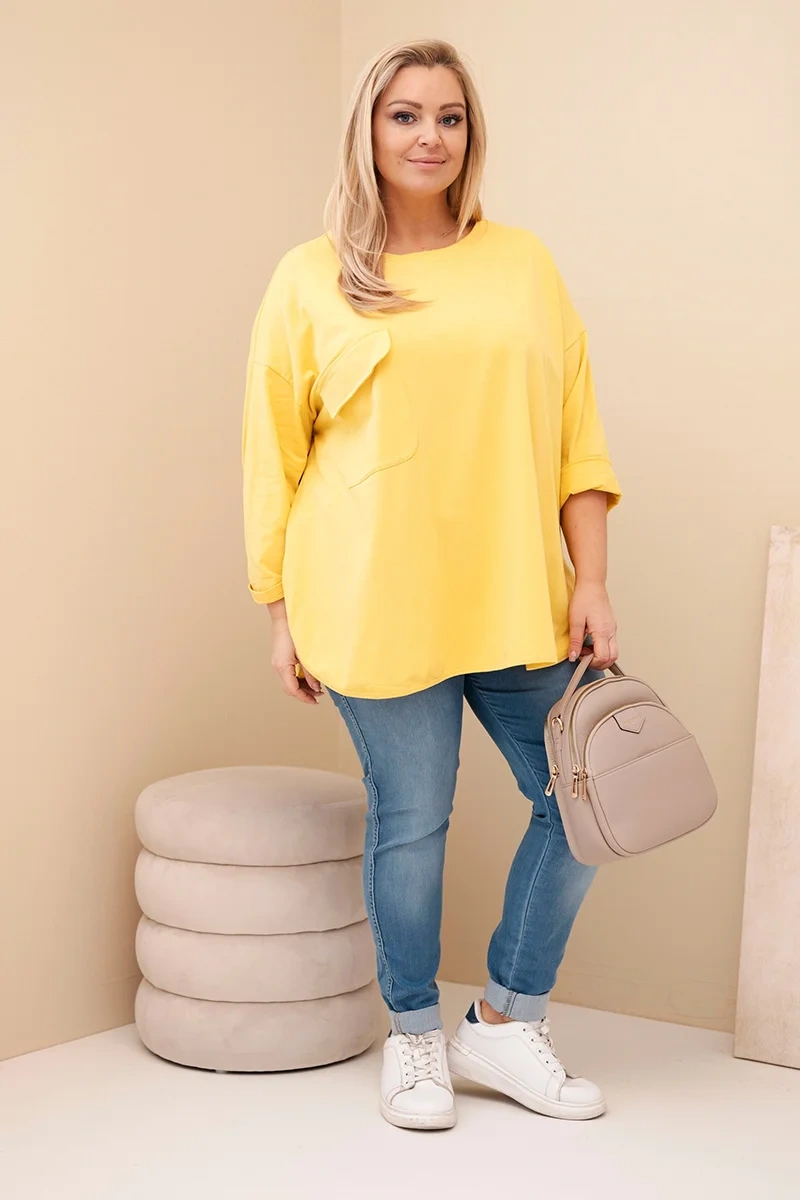Kesi Włoski Dámska blúzka Plus Size s bavlnou, s vreckom a s podvihnutým rukávom žltá