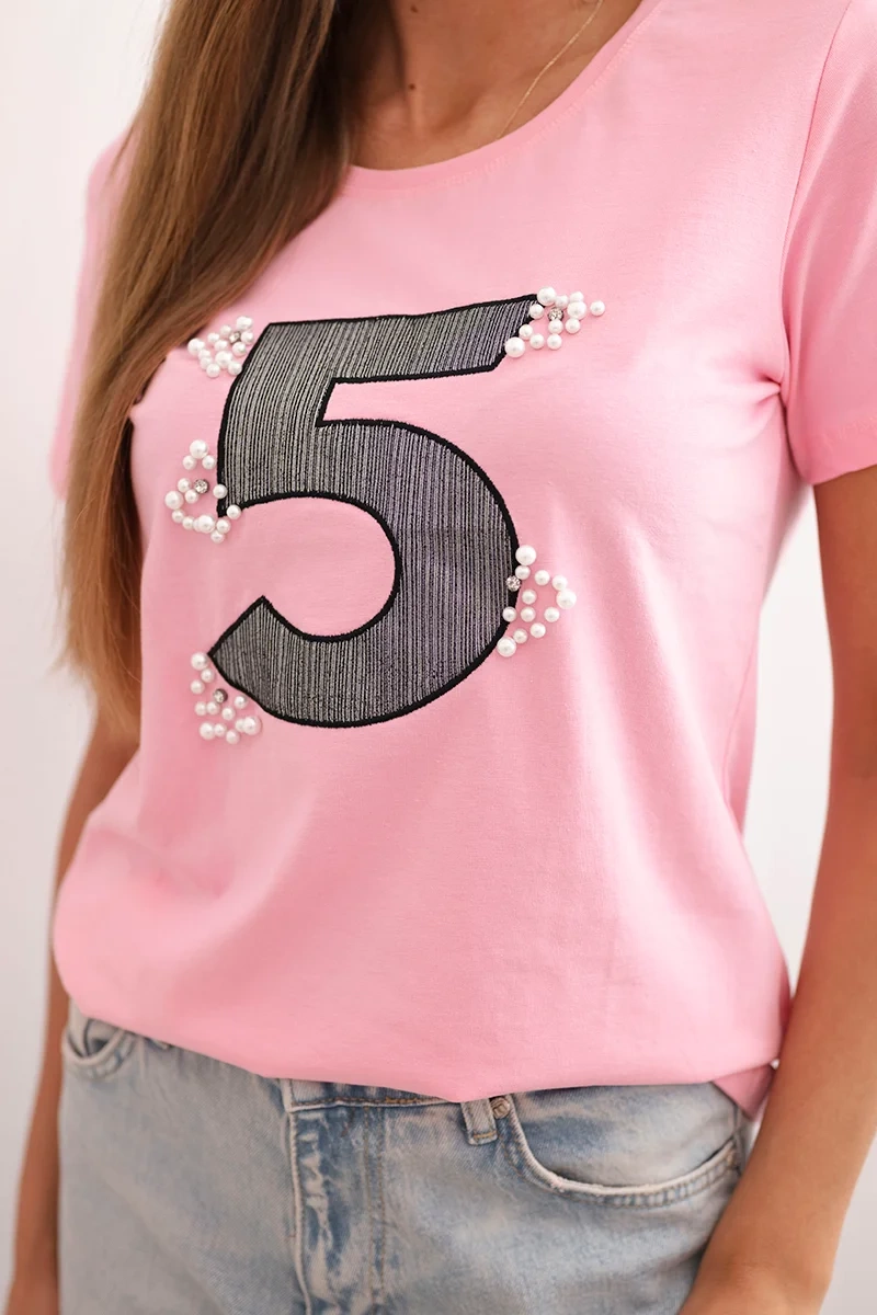 Kesi Women's cotton short-sleeve blouse with a patch and pearls light pink