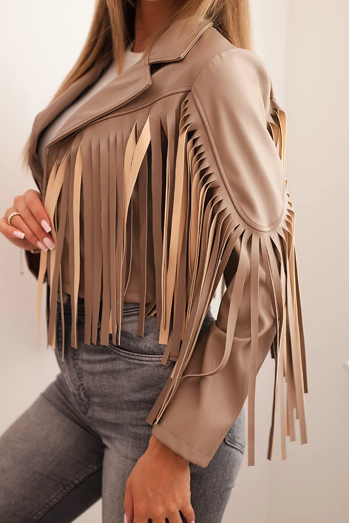 Kesi Włoski Women's jacket made of eco-leather with fringes in boho style fango