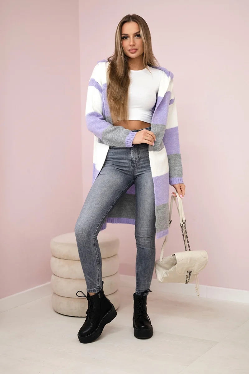 Tricolor striped sweater ecru+purple+gray