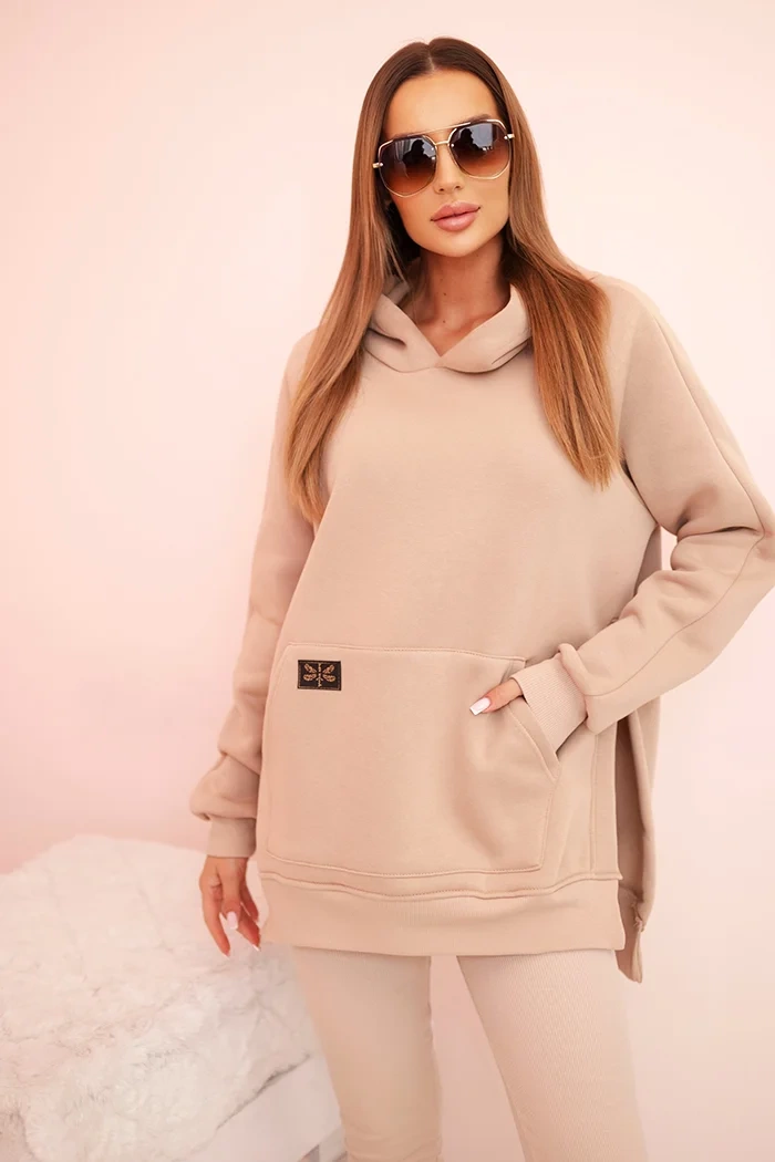 Polski Womens cotton set with a hoodie and high-waisted leggings beige