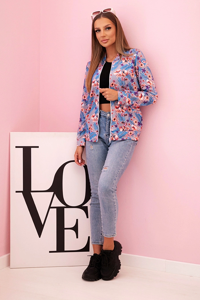 Kesi Women's zip-up hoodie in floral pattern gray