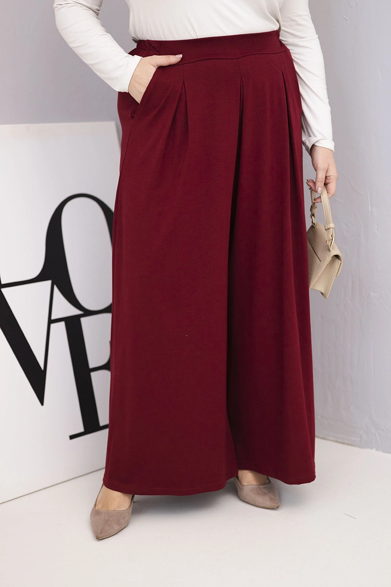 Kesi Włoski Plus Size women's cotton pants with wide legs and a loose fit burgundy