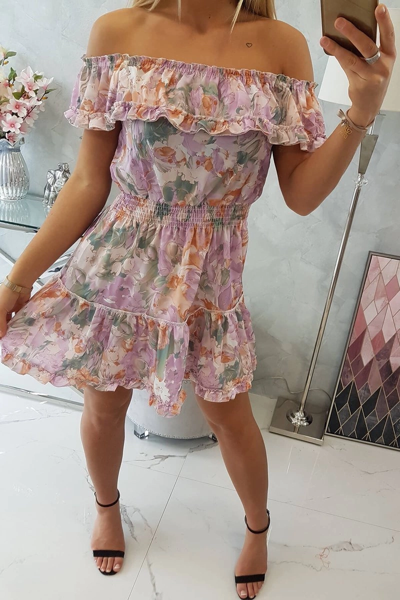 Floral shoulder dress in purple color