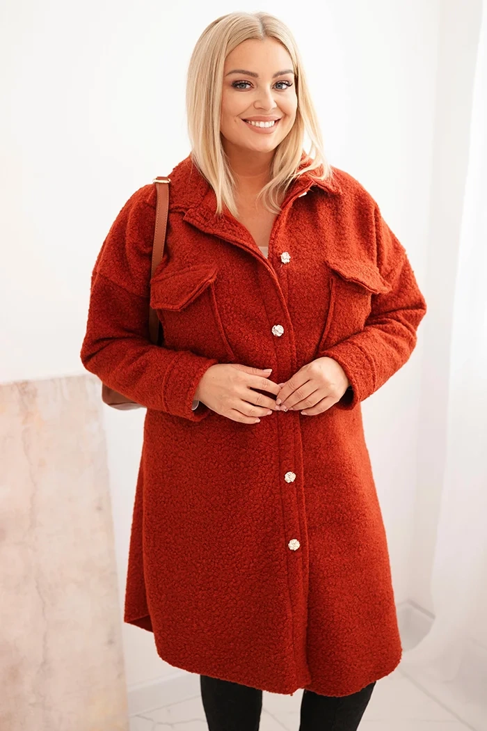 Kesi Włoski Dámsky kabát Plus Size s vlnou zapínaný na gombíky s vreckami a golierom rudy