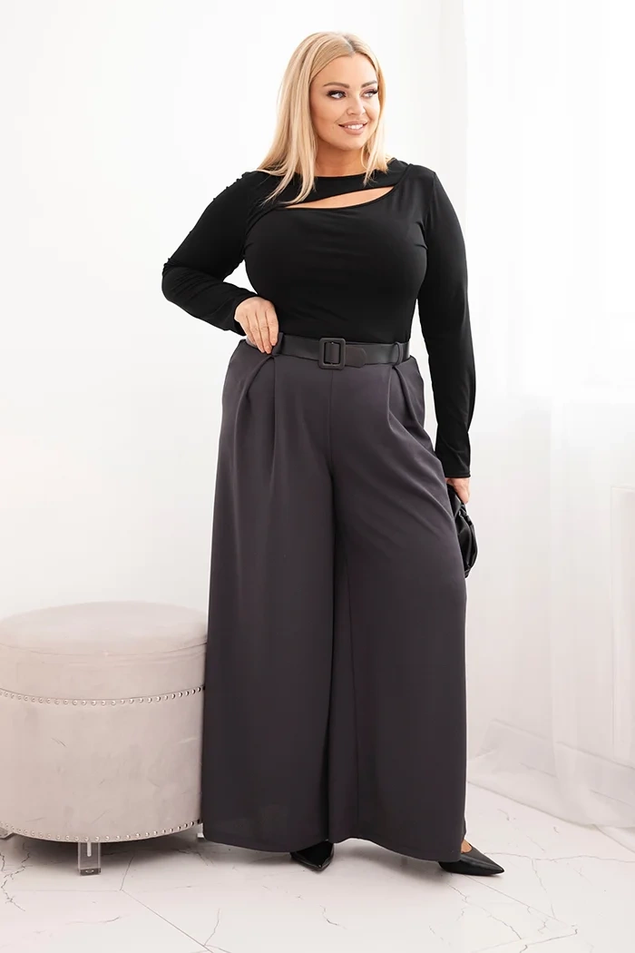 Kesi Włoski Plus Size women's pants with wide legs and a belt graphite