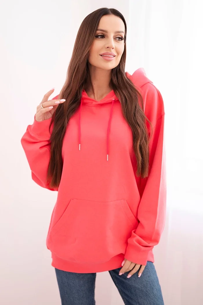 Kesi Włoski Women's cotton looped sweatshirt with a hood and kangaroo pocket pink