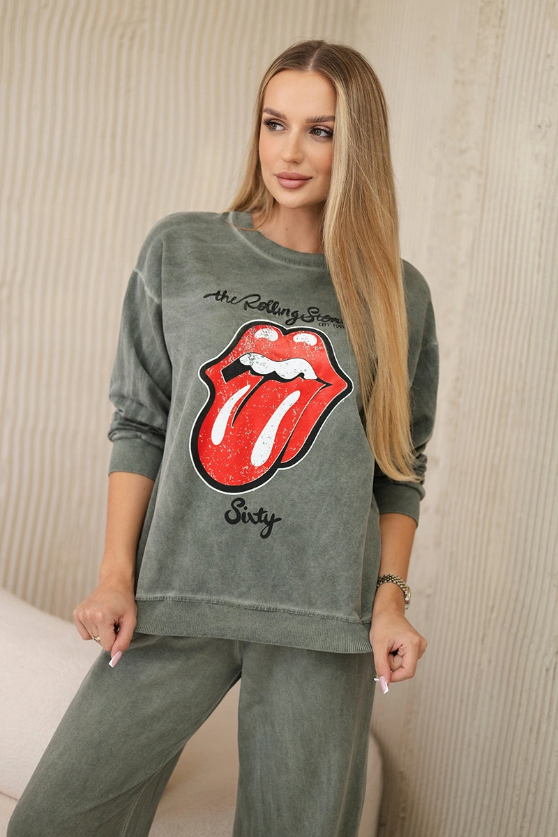 Kesi Włoski Cotton set wiped with print sweatshirt   pants khaki