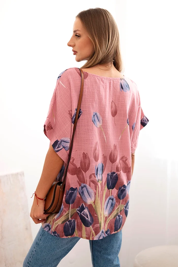 Kesi Włoski Women's cotton shirt with a floral pattern dark pink