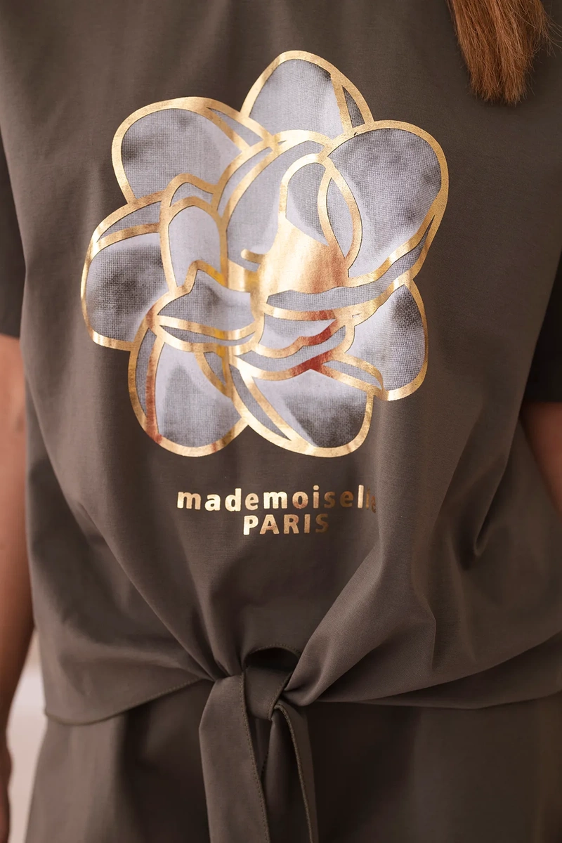 Women's set T-shirt with print + shorts - khaki