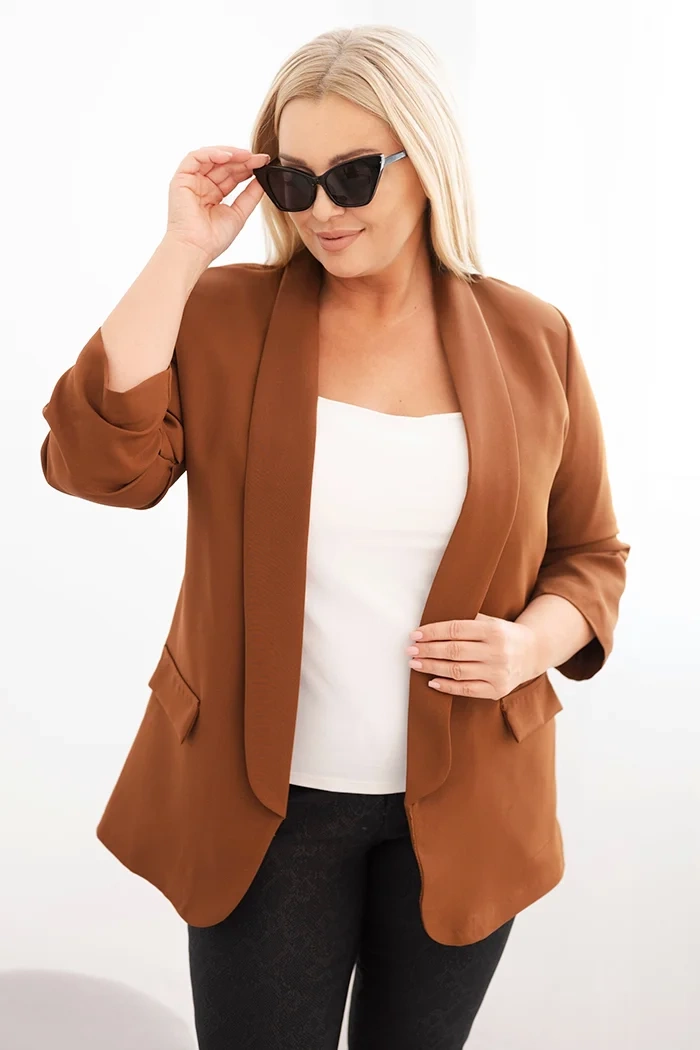 Kesi Włoski Women&#039;s Plus Size Unbuttoned Blazer with Lining XL/2XL brown