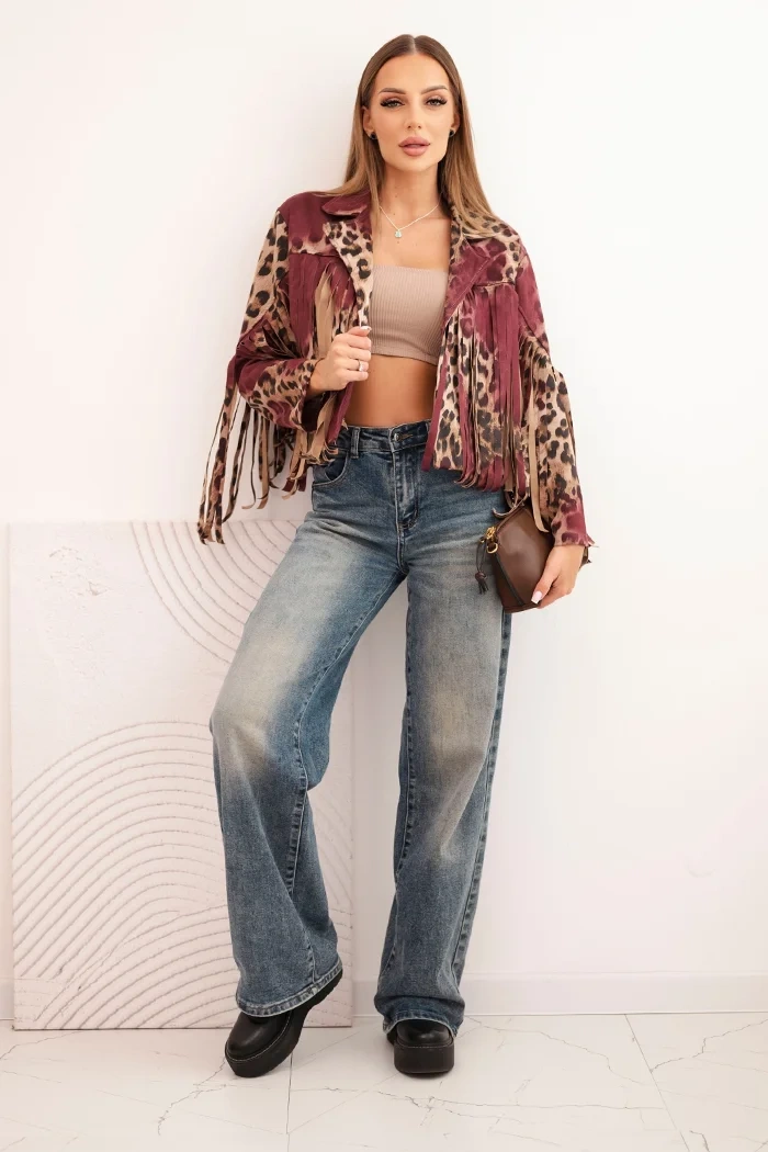 Kesi Włoski Women's suede jacket with leopard print and fringes burgundy