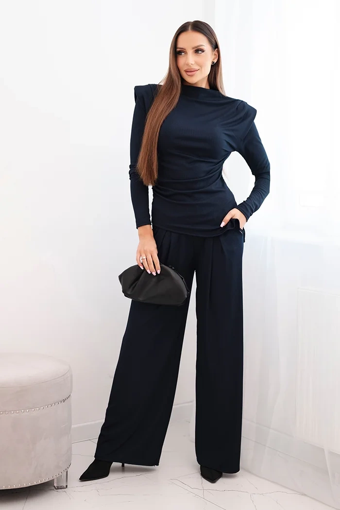 Kesi Włoski Women's cotton set with a blouse and wide-leg pants navy blue