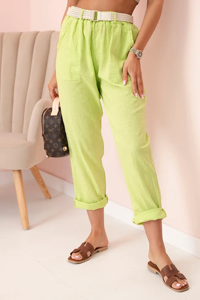Kesi Włoski Women's linen cotton pants with a belt bright green