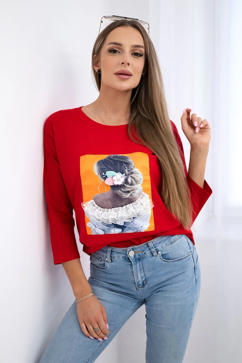 Blouse with 3D graphics, lace red
