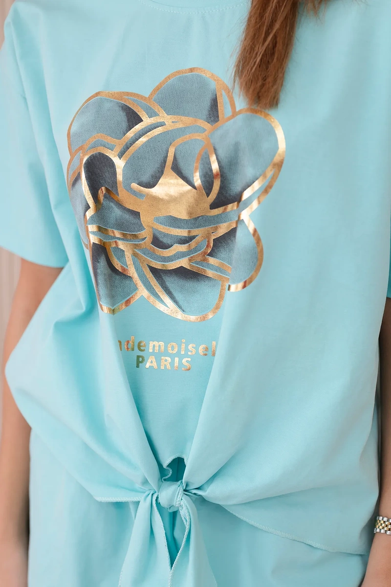 Women's set T-shirt with print + shorts - mint