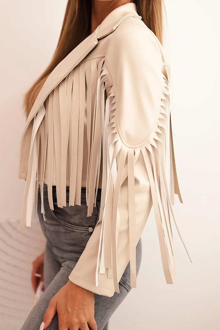 Kesi Włoski Women's jacket made of eco-leather with fringes in boho style beige