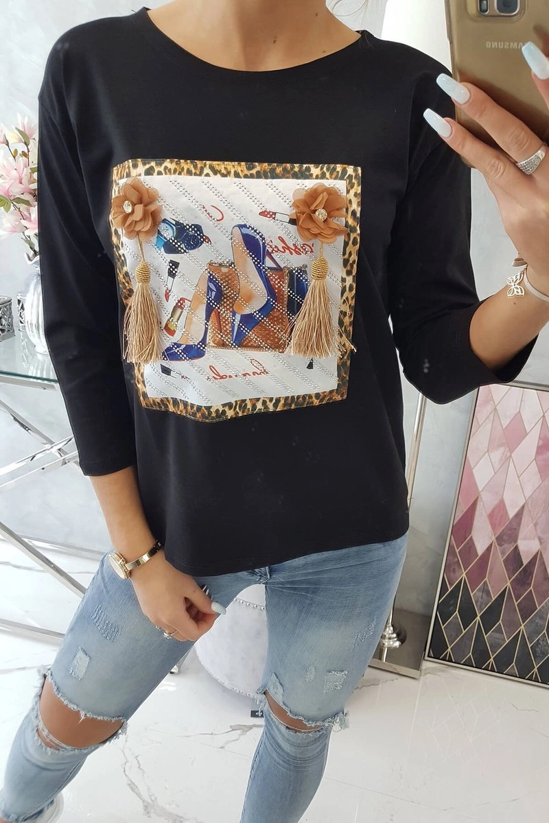 Blouse with 3D graphics and decorative pom pom black