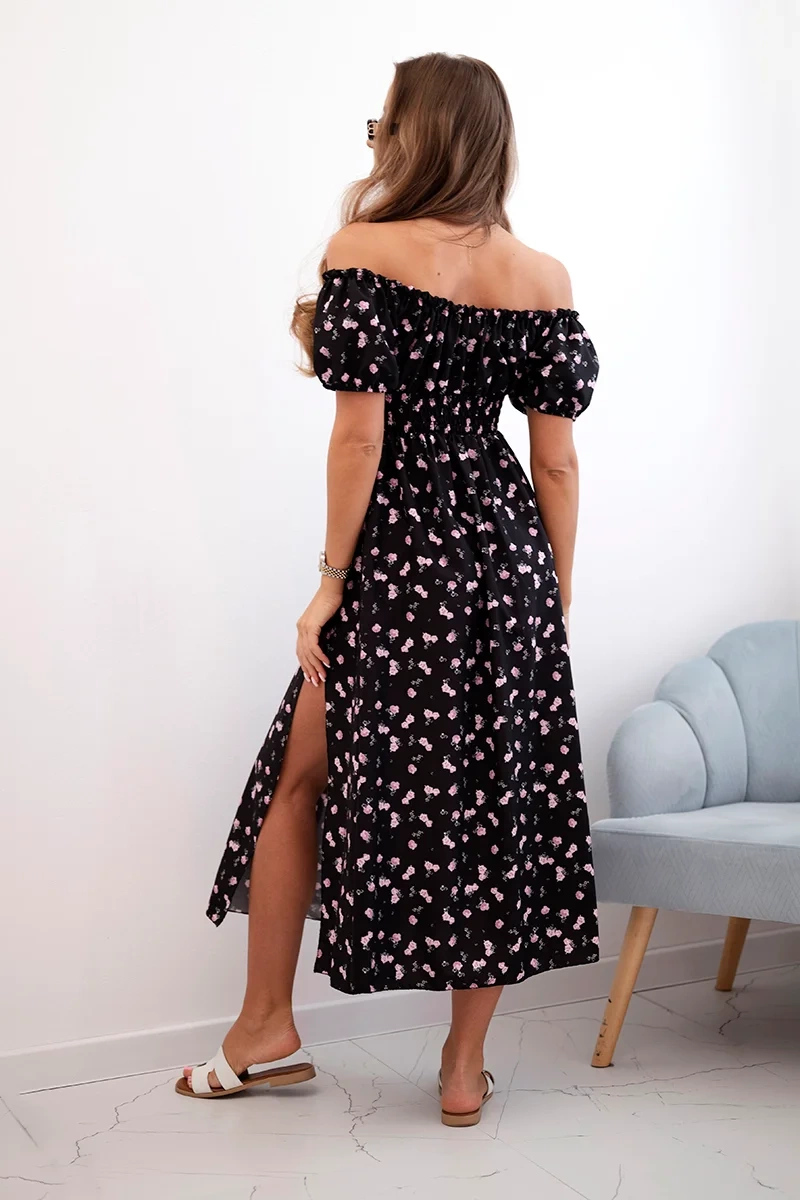 Kesi Włoski Women&#039;s maxi dress with flowers and puffs black