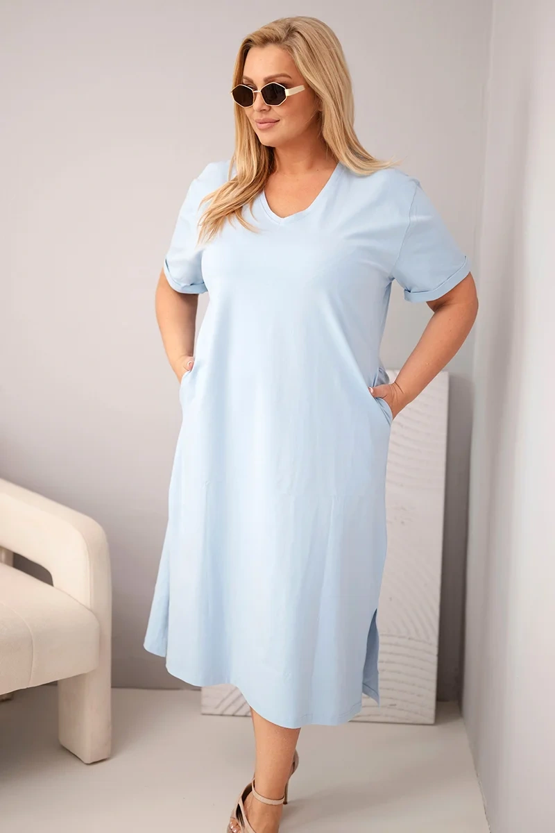 Dámske plus size šaty s V-výstrihom modré
