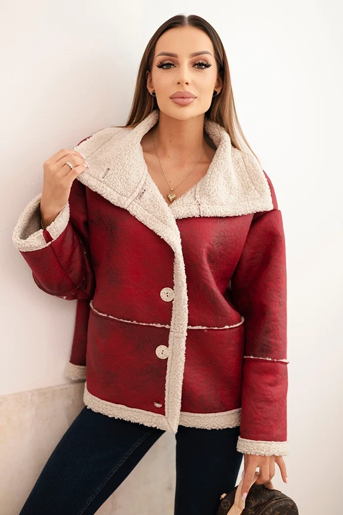 Kesi Włoski Dámska bunda Plus Size s kapucňou a baránkom bordová