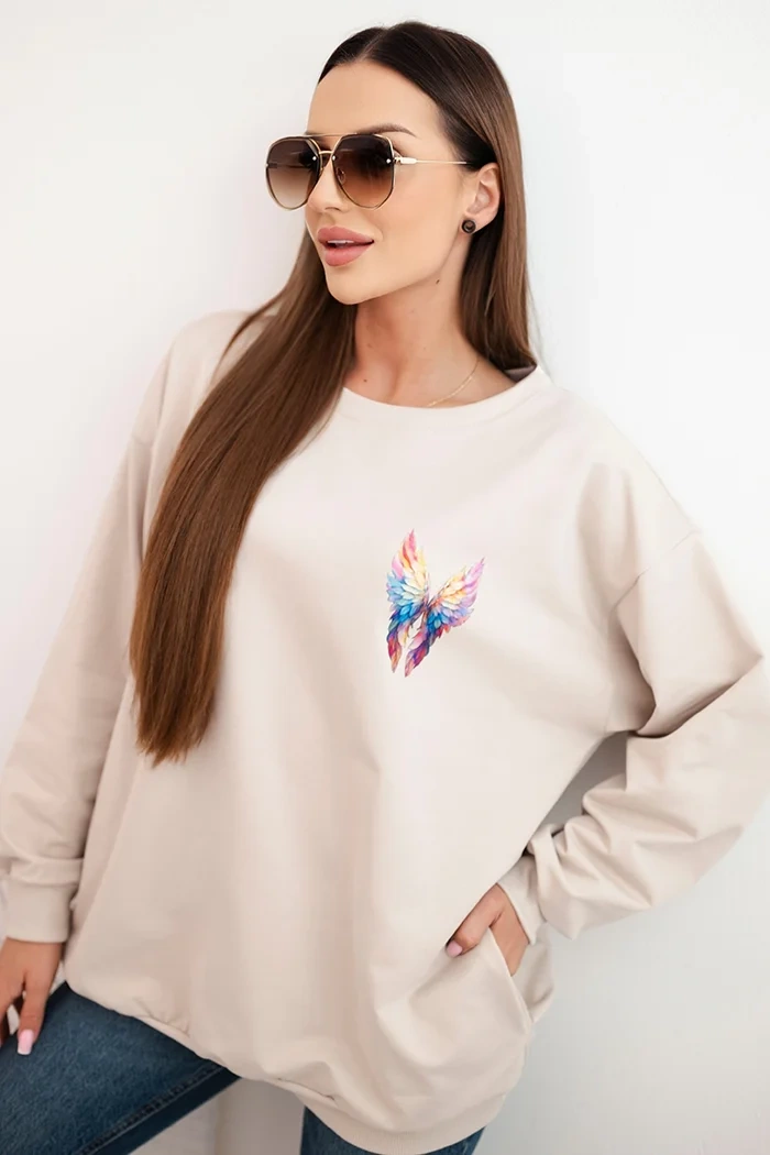 Polski Women&#039;s oversized cotton sweatshirt with colorful wings on the back beige