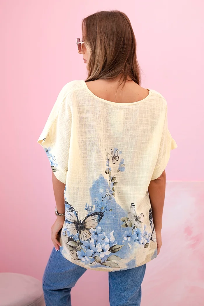 Kesi Włoski Women&#039;s cotton shirt with butterflies and flowers yellow