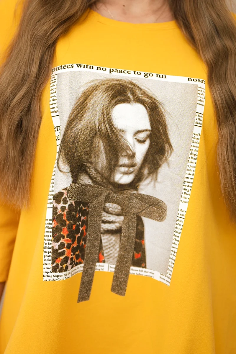 Dress with print and flared mustard bottom