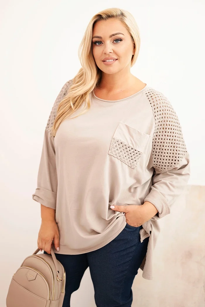 Kesi Włoski Plus Size womens cotton blouse with print beige