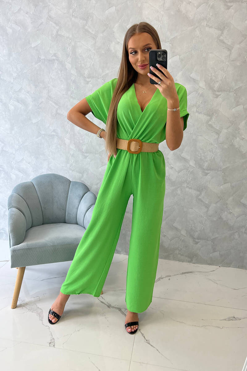 Jumpsuit With Decorative Belt At The Waist Light Green