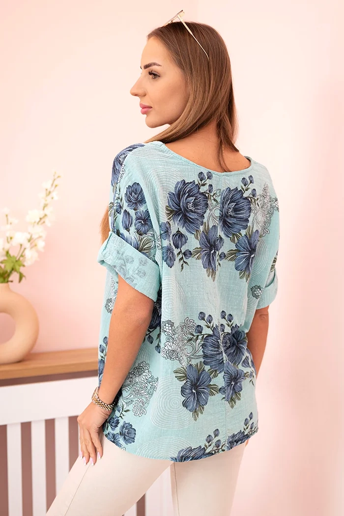 Kesi Włoski Women&#039;s cotton blouse with short sleeves and a floral pattern mint