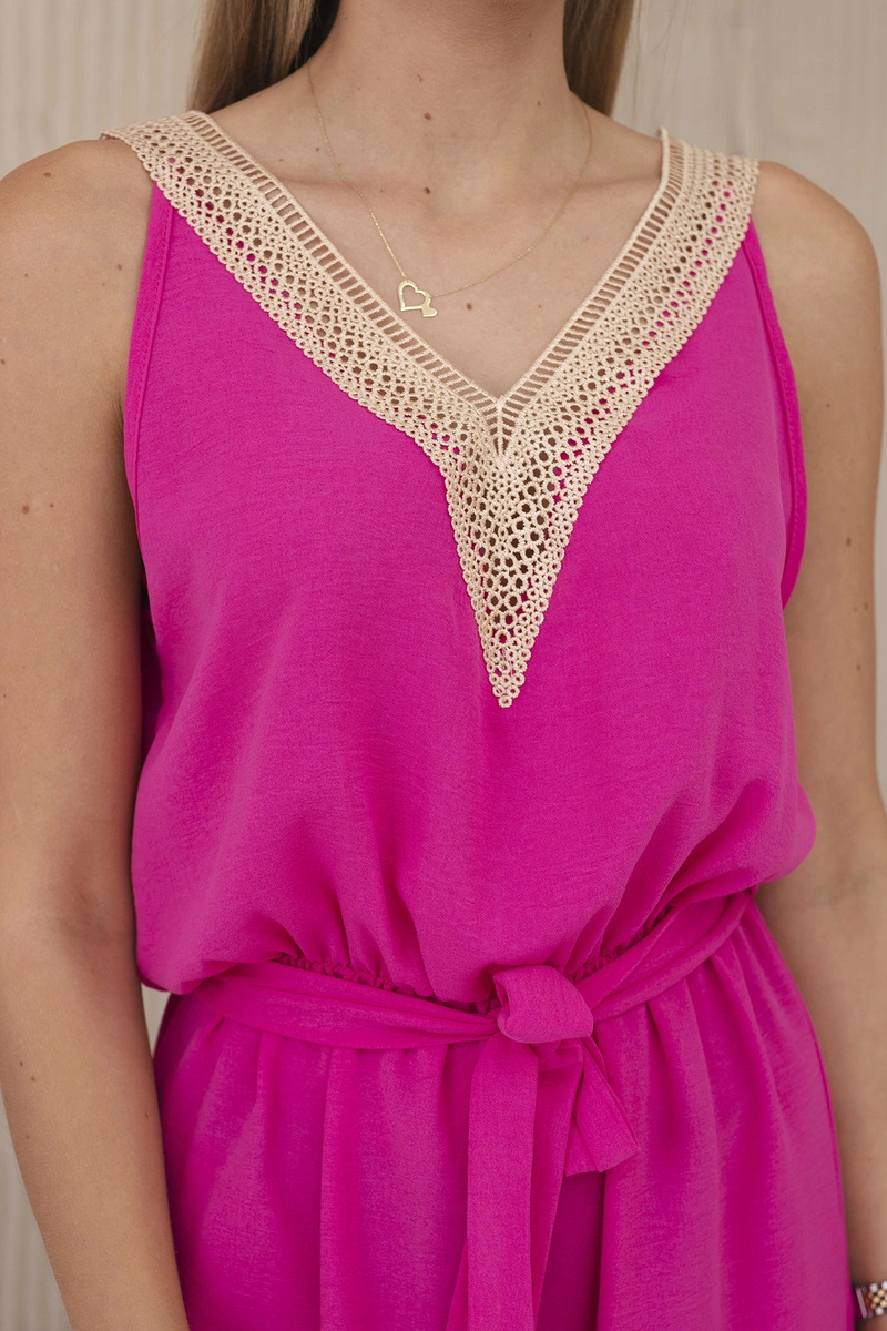 Short jumpsuit with decorative fuchsia lace