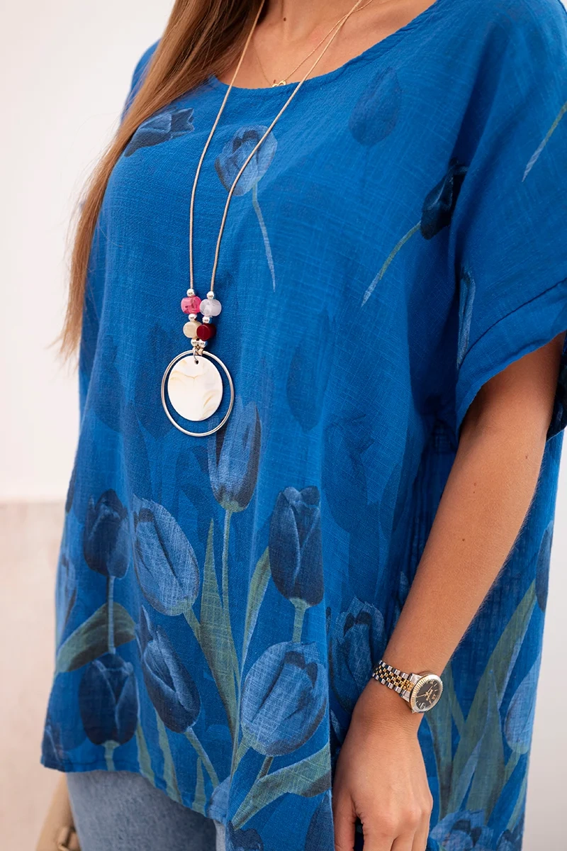 Kesi Włoski Women's cotton shirt with a floral pattern cornflower blue